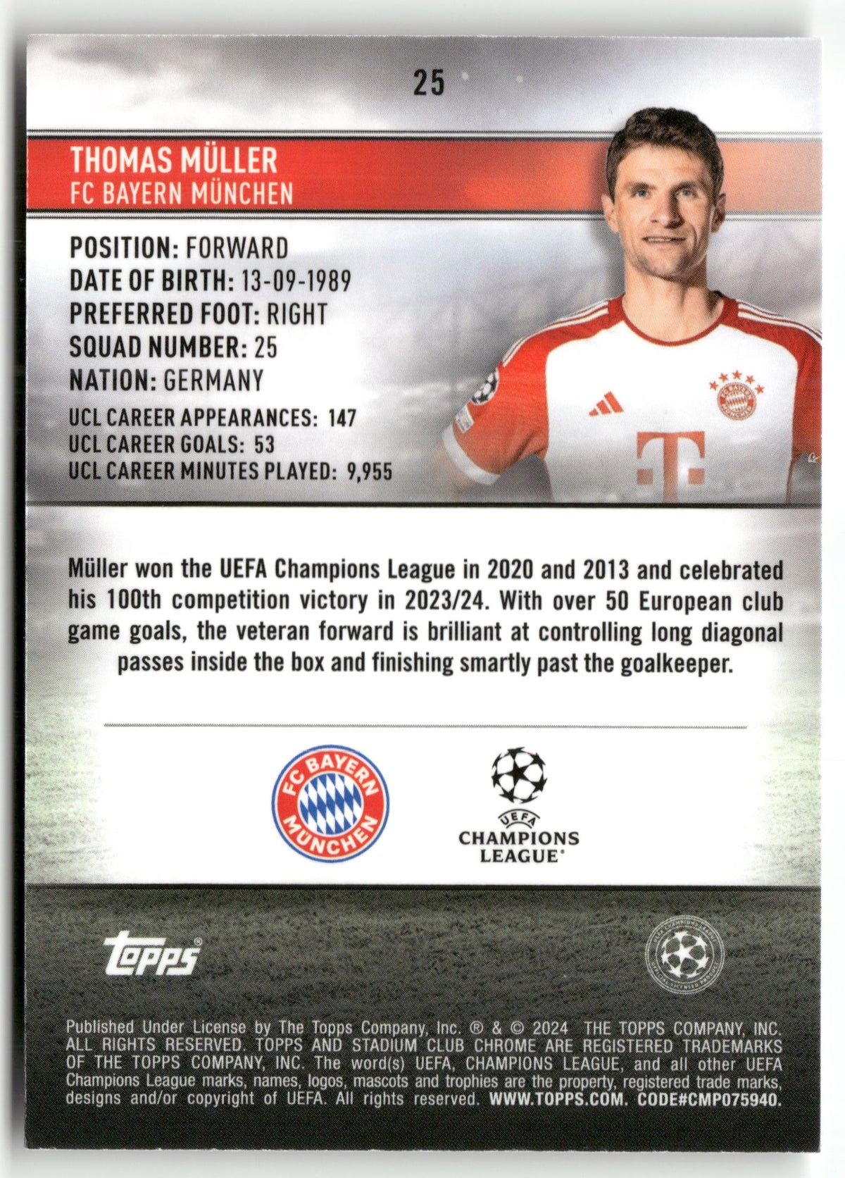 Fußball Thomas Müller 2024-25 Topps Stadium Club Chrome UEFA Champions League #25 FC Bayern München Trading Card Original