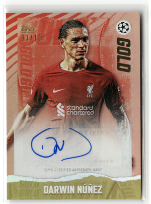 Fußball Darwin Núñez 2022-23 Topps UEFA Champions League Gold 2023 Red Colormatch Auto /10 Liverpool FC Trading Card Original