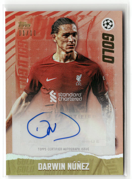 Fußball Darwin Núñez 2022-23 Topps UEFA Champions League Gold 2023 Red Colormatch Auto /10 Liverpool FC Trading Card Original