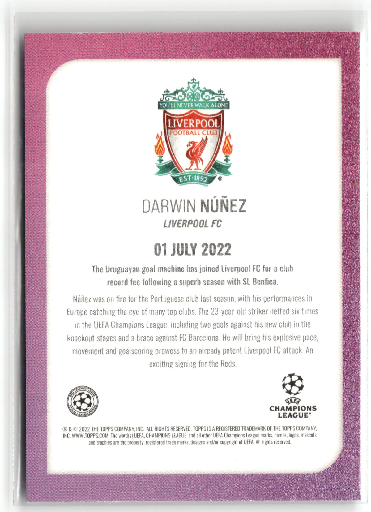 Fußball Darwin Núñez 2022-23 Topps UEFA Champions League Star Signings Purple Auto /25 Liverpool FC Trading Card Original