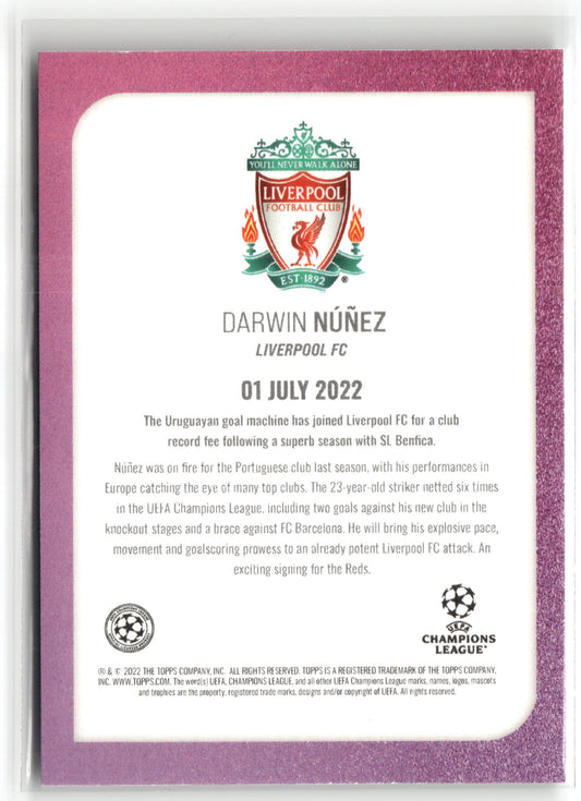 Fußball Darwin Núñez 2022-23 Topps UEFA Champions League Star Signings Purple Auto /25 Liverpool FC Trading Card Original