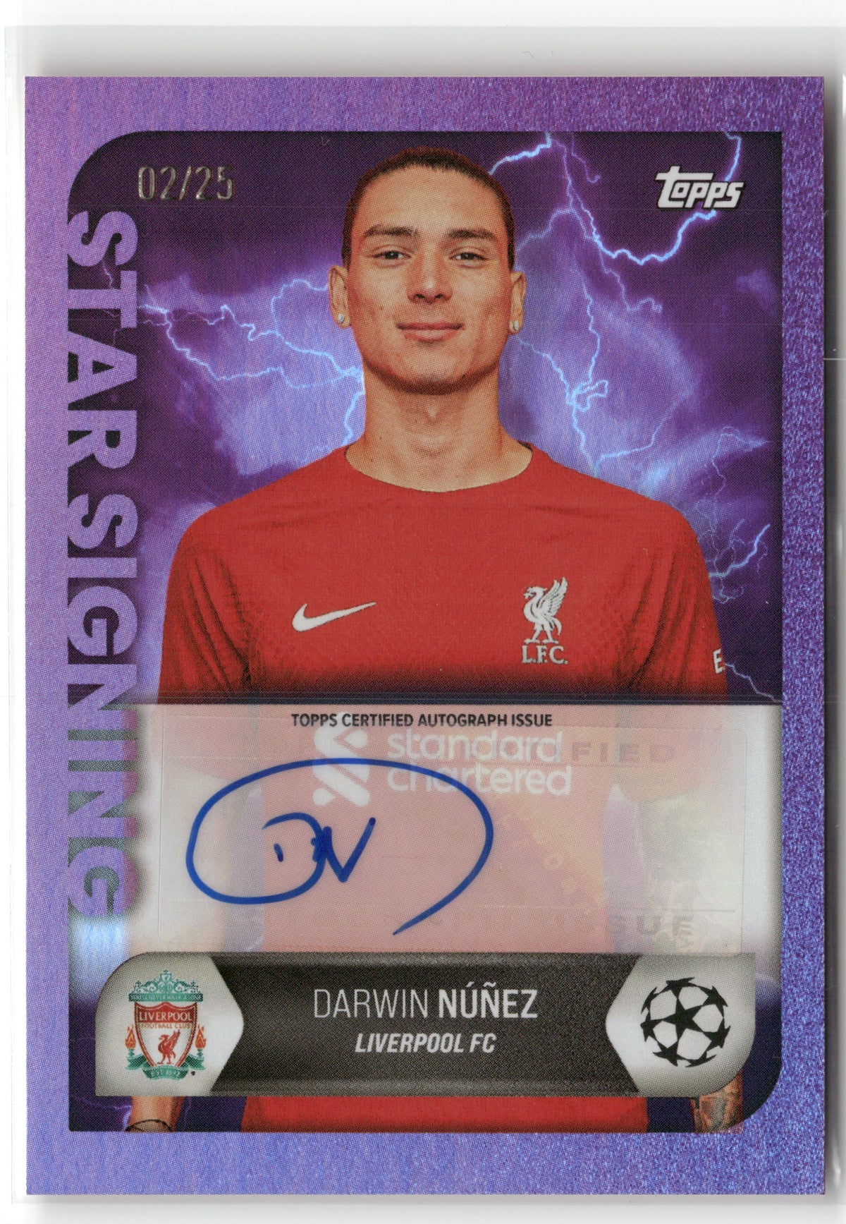 Fußball Darwin Núñez 2022-23 Topps UEFA Champions League Star Signings Purple Auto /25 Liverpool FC Trading Card Original