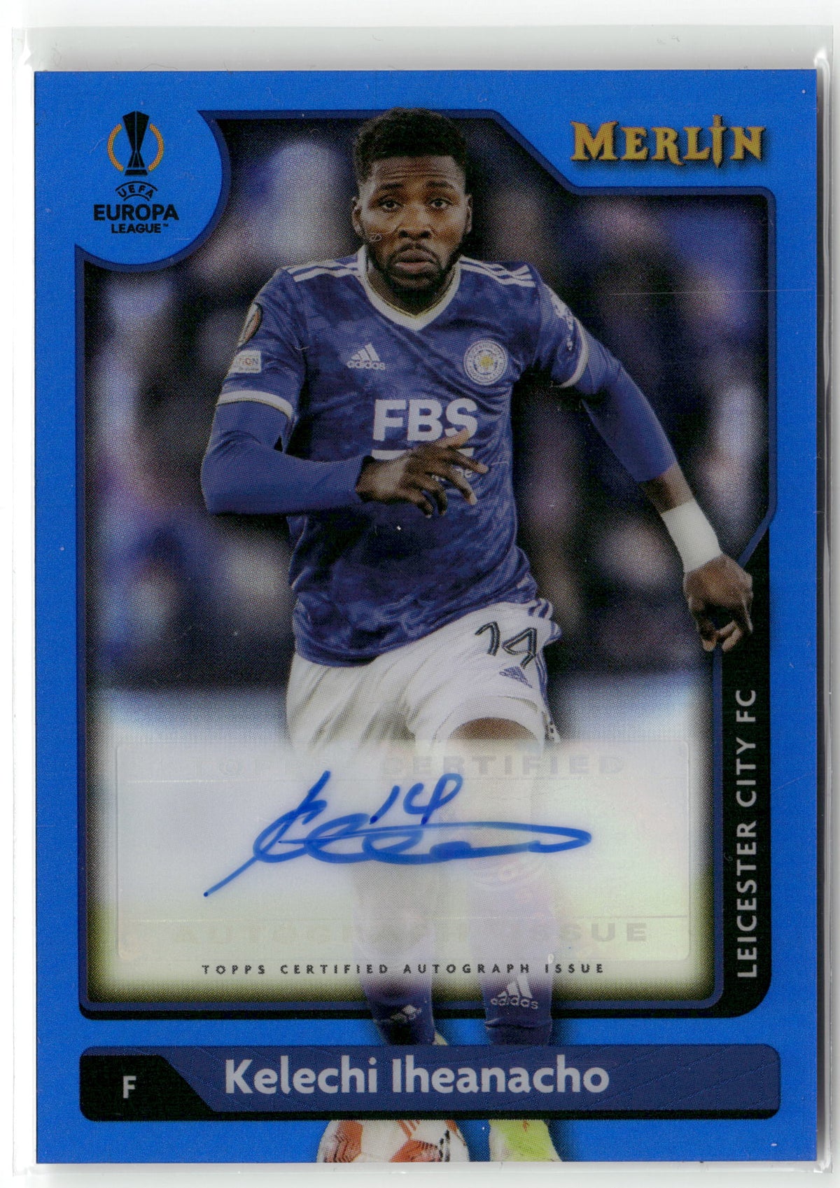 Fußball Kelechi Iheanacho 2021-22 Topps Merlin Chrome UEFA Europa League #A-KI Blue Color Match Auto /75 Leicester City FC Trading Card Original