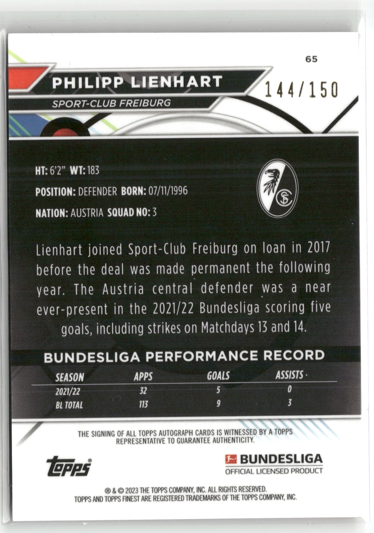 Fußball Philipp Lienhart Topps Finest Bundesliga 2022-23 #65 Black Auto /150 Sport-Club Freiburg Trading Card Original