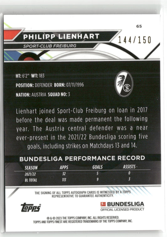 Fußball Philipp Lienhart Topps Finest Bundesliga 2022-23 #65 Black Auto /150 Sport-Club Freiburg Trading Card Original