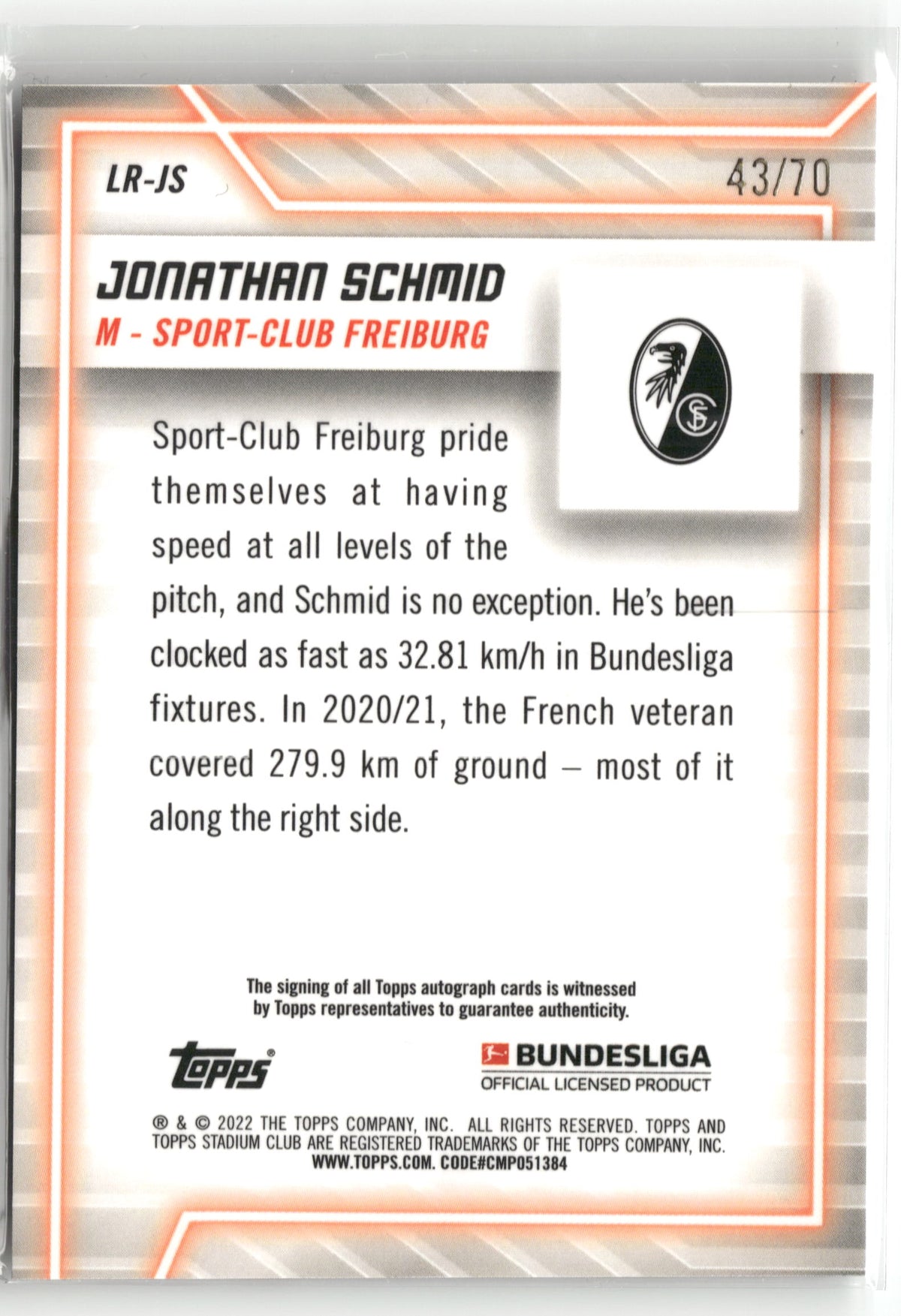 Fußball Jonathan Schmid 2022 Topps Stadium Club Chrome Bundesliga #LR-JS Running Line Auto /70 Sport-Club Freiburg Trading Card Original