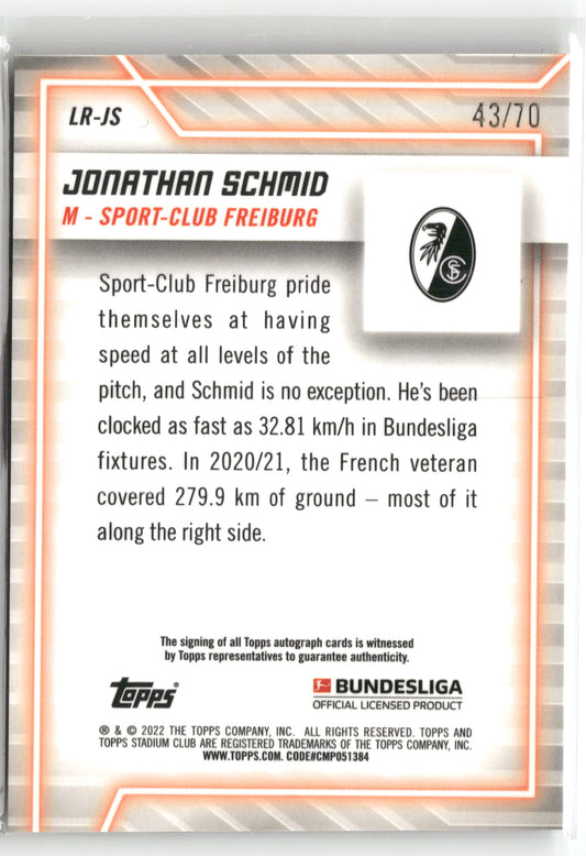Fußball Jonathan Schmid 2022 Topps Stadium Club Chrome Bundesliga #LR-JS Running Line Auto /70 Sport-Club Freiburg Trading Card Original