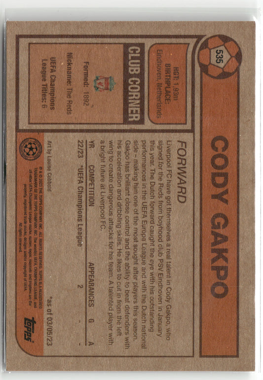 Fußball Cody Gakpo Topps UEFA Champions League Living Set 2022-23 #535 Liverpool FC Trading Card Original