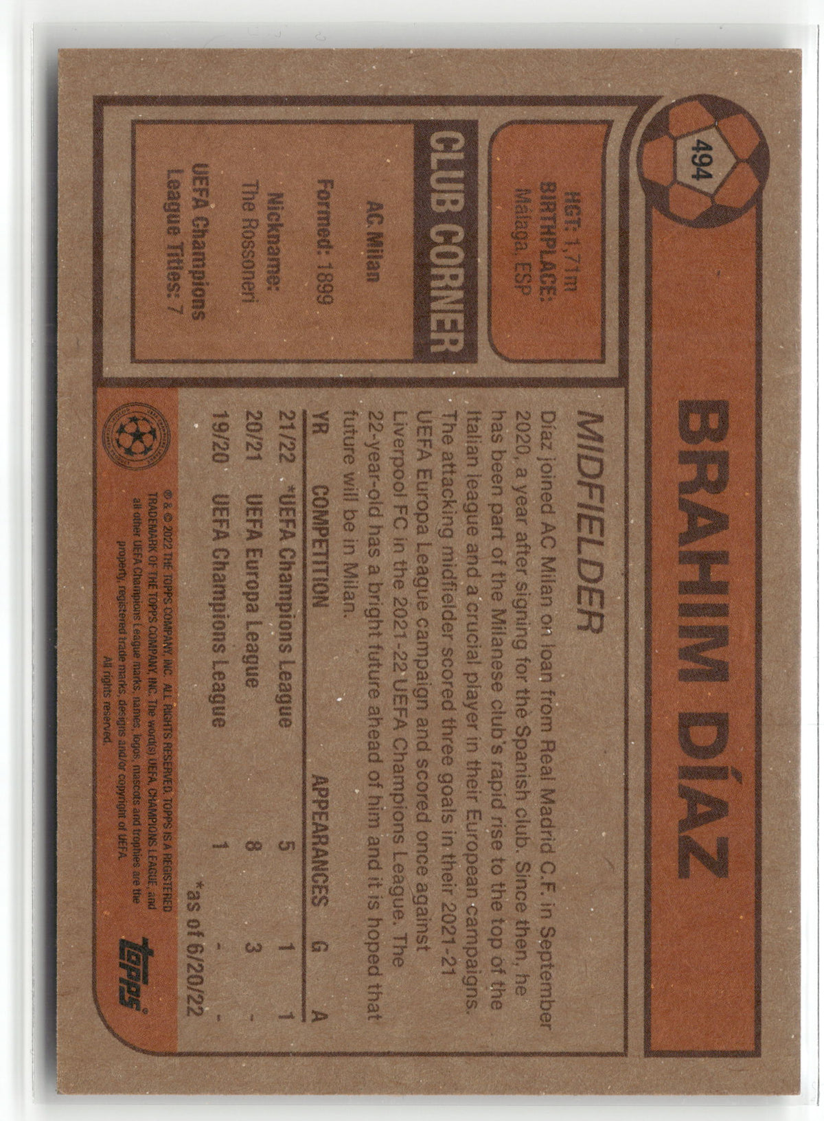 Fußball Brahim Díaz Topps UEFA Champions League Living Set 2022 #494 AC Milan Trading Card Original