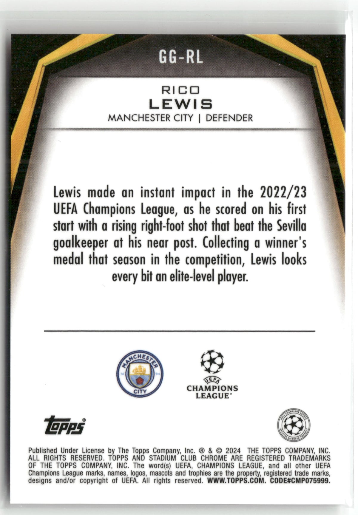 Fußball Rico Lewis 2024 Topps Stadium Club Chrome UEFA Champions League #GG-RL Glimpses of Gold /25 Manchester City Trading Card Original