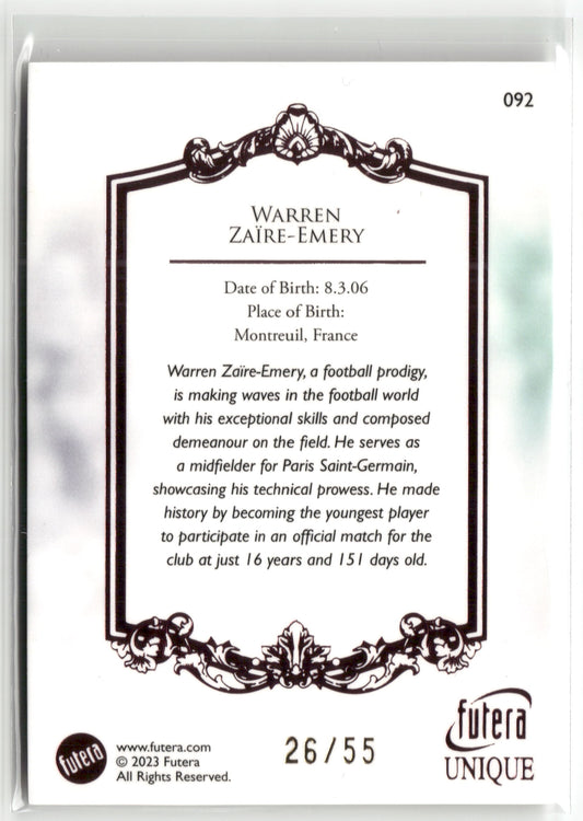 Fußball Warren Zaïre-Emery 2023 Futera Unique #092 Next /55 Paris Saint-Germain Trading Card Original