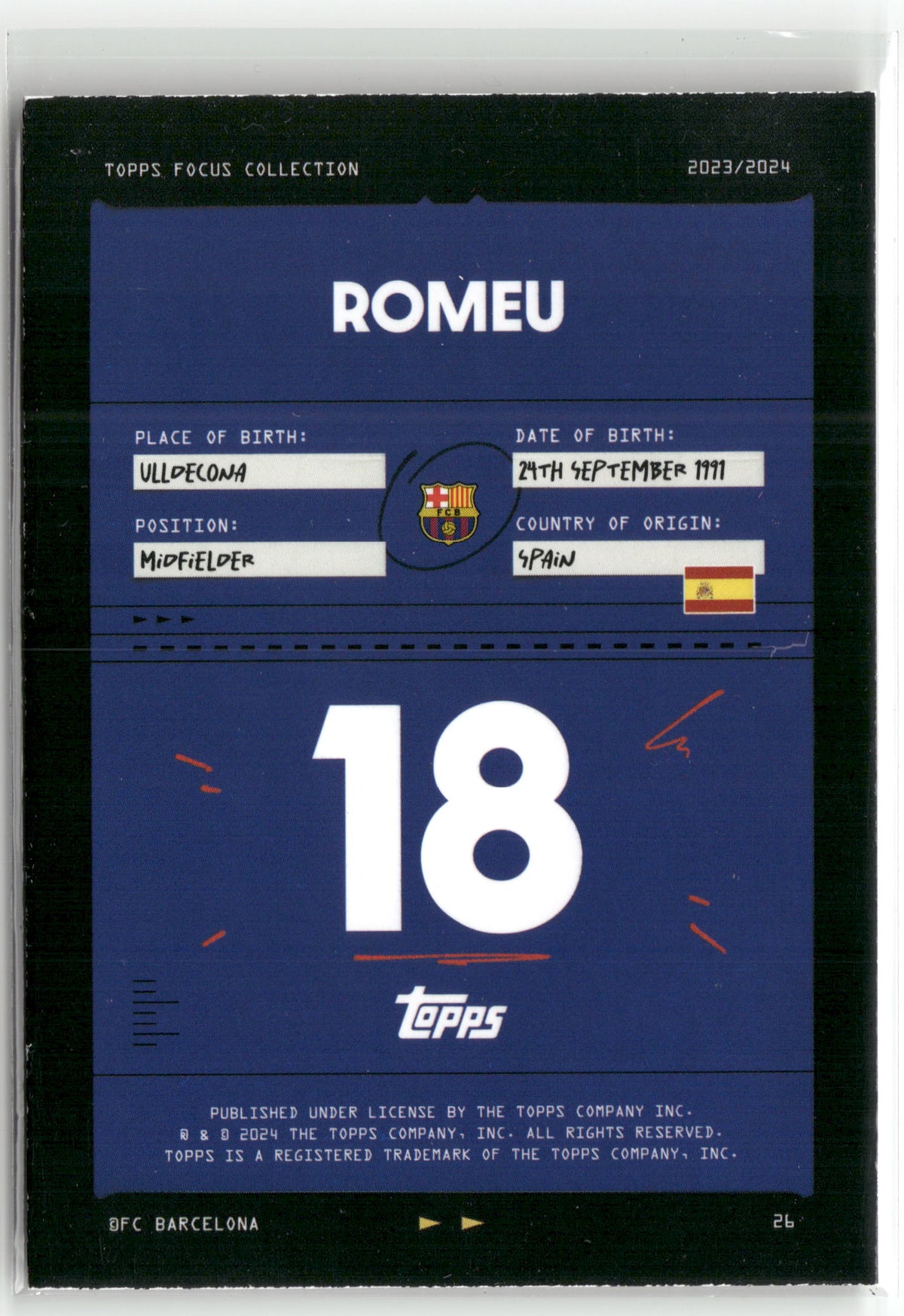 Fußball Romeu 2023/24 Topps Focus Collection FC Barcelona 2023/2024 #26 Last of the Line 50/50 FC Barcelona Trading Card Original