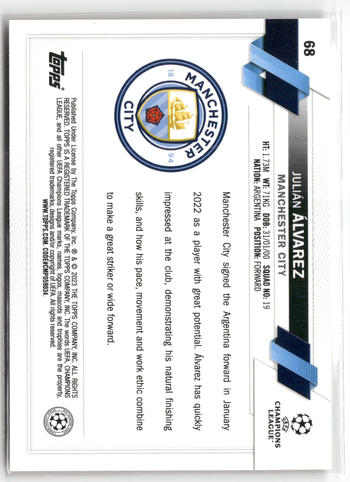 Fußball Julián Álvarez 2022-23 Topps UEFA Champions League #68 Red Inferno Foil Rookie Manchester City Rookie Card RC Trading Card Original