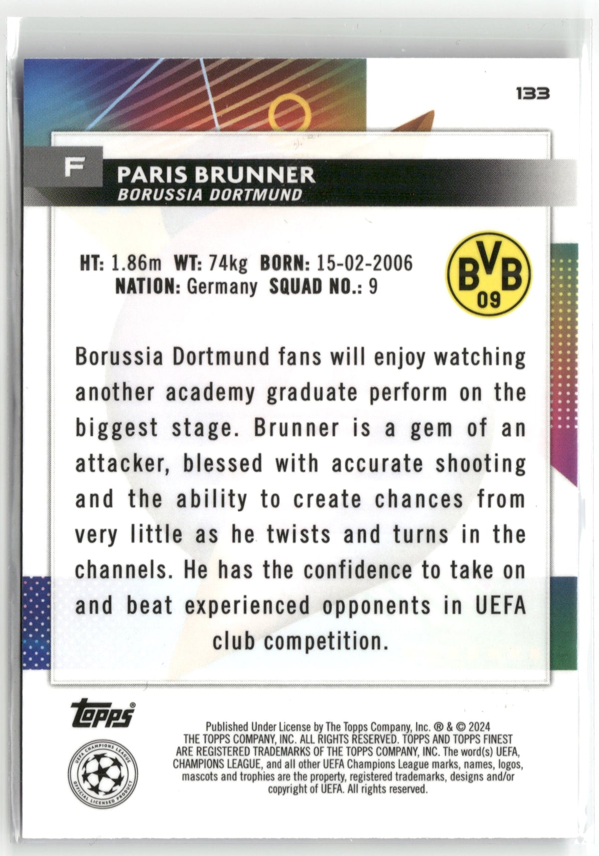 Fußball Paris Brunner 2024 Topps Finest UEFA Champions League #133 True Blue /275 Borussia Dortmund Rookie Card RC Trading Card Original