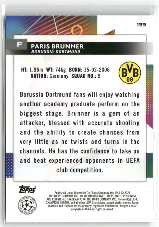 Fußball Paris Brunner 2024 Topps Finest UEFA Champions League #133 True Blue /275 Borussia Dortmund Rookie Card RC Trading Card Original