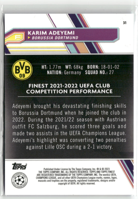 Fußball Karim Adeyemi Topps Finest UEFA Champions League 2022-23 #31 Light Blue /275 Borussia Dortmund Trading Card Original