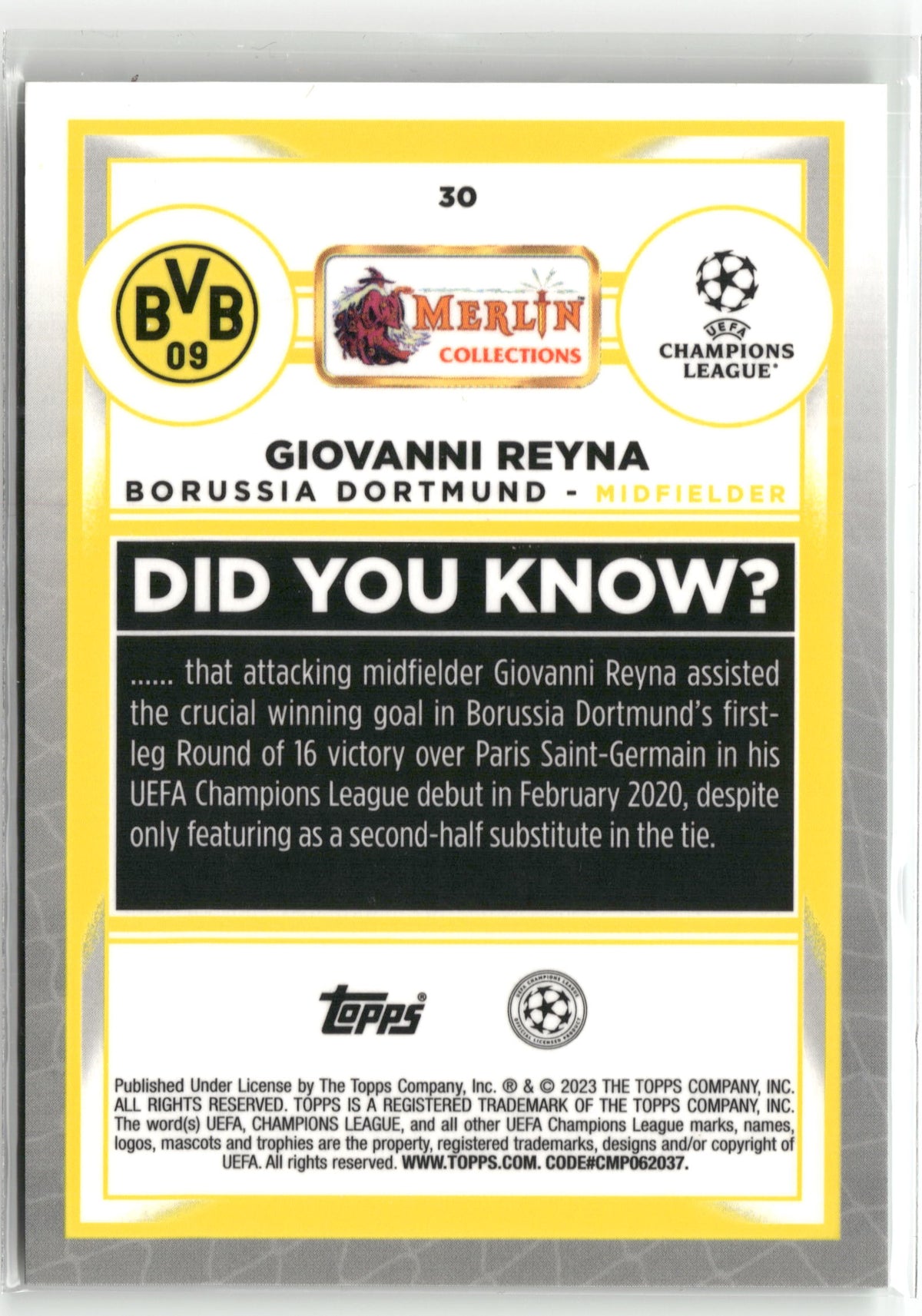 Fußball Giovanni Reyna Topps Merlin UEFA Champions League 2022-23 #30 True Green /99 Borussia Dortmund Trading Card Original