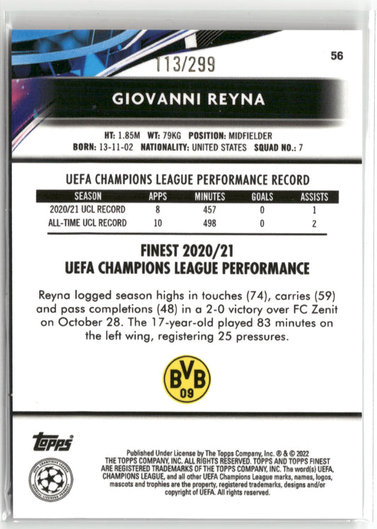 Fußball Giovanni Reyna Topps Finest UEFA Champions League 2021-22 #56 Purple /299 Borussia Dortmund Trading Card Original