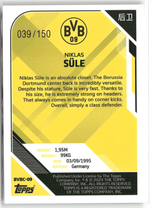 Fußball Niklas Süle 2024 Topps BVB Borussia Dortmund #BVBC-09 China Edition Yellow /150 Borussia Dortmund Trading Card Original