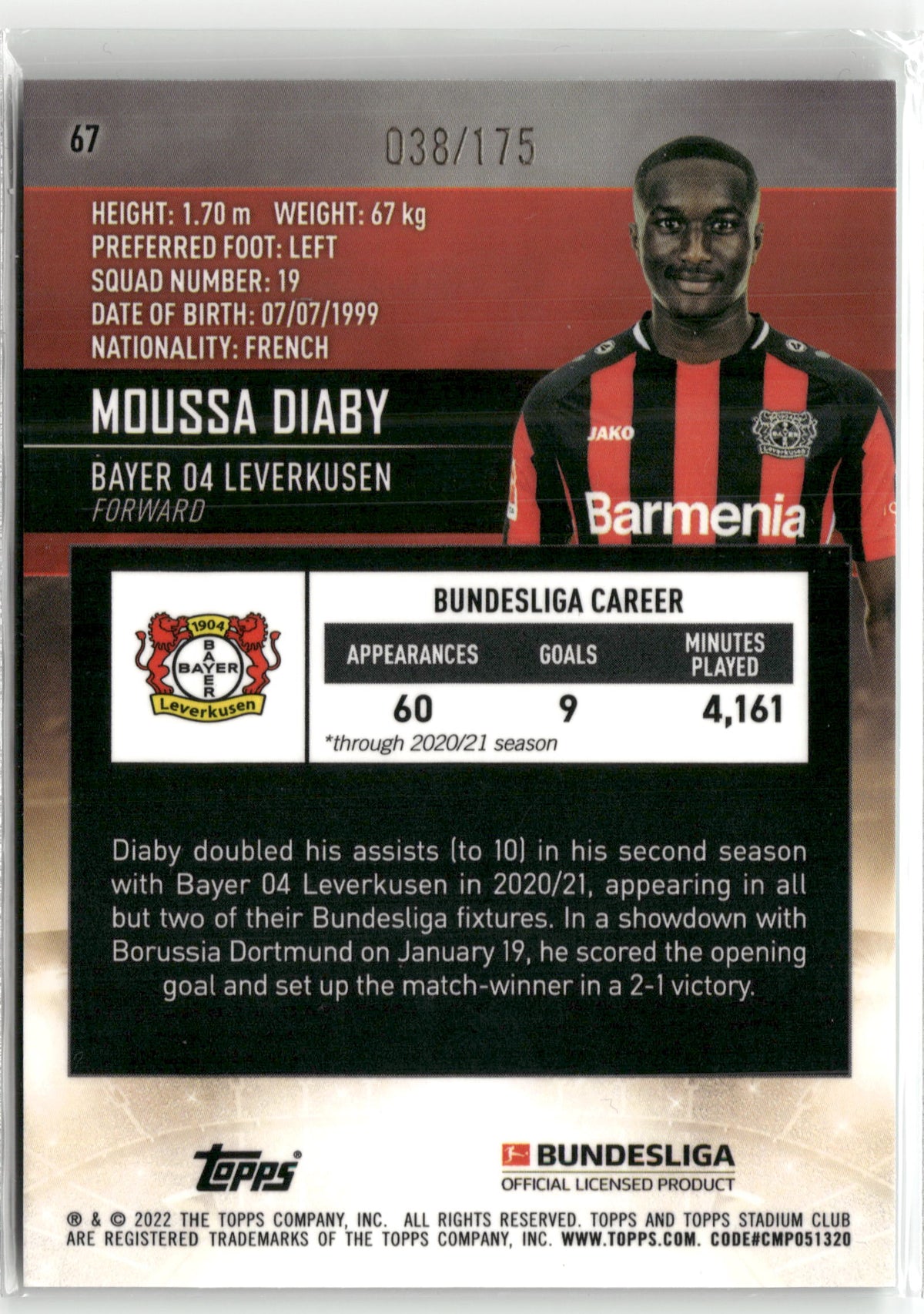 Fußball Moussa Diaby Topps Stadium Club Chrome Bundesliga 2021-22 #67 Green Electric Edge /175 Bayer 04 Leverkusen Trading Card Original