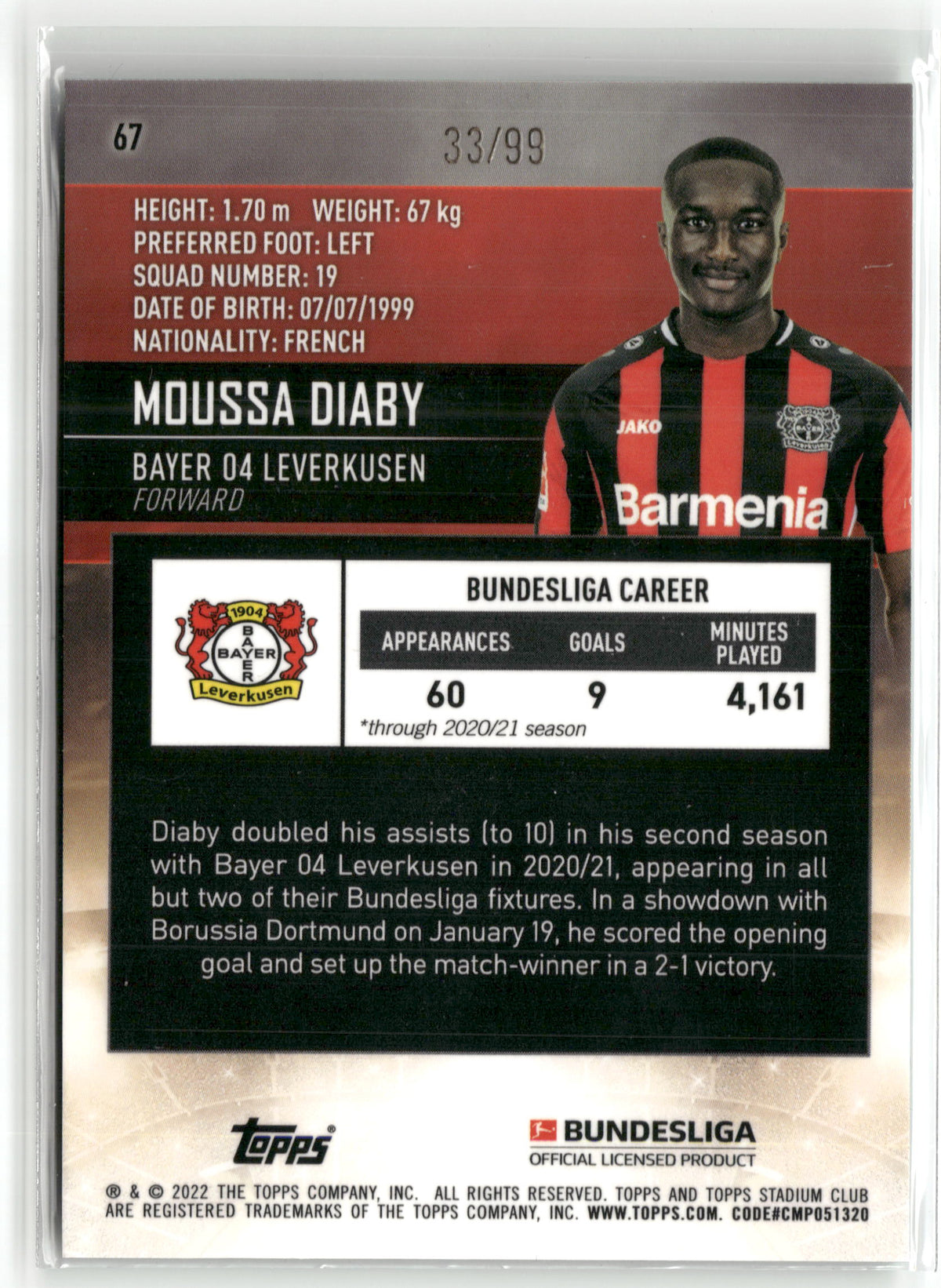Fußball Moussa Diaby 2021-22 Topps Stadium Club Chrome Bundesliga #67 True Green /99 Bayer 04 Leverkusen Trading Card Original