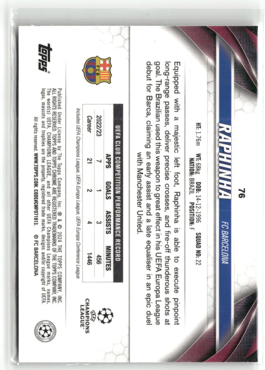 Fußball Raphinha 2023-24 Topps Chrome UEFA Champions League #76 Green Wave /399 FC Barcelona Trading Card Original