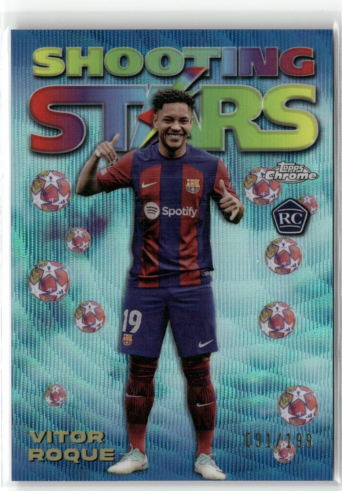 Fußball Vitor Roque 2023-24 Topps Chrome UEFA Club Competitions #98-7 Shooting Stars Aqua /199 FC Barcelona Rookie Card RC Trading Card Original