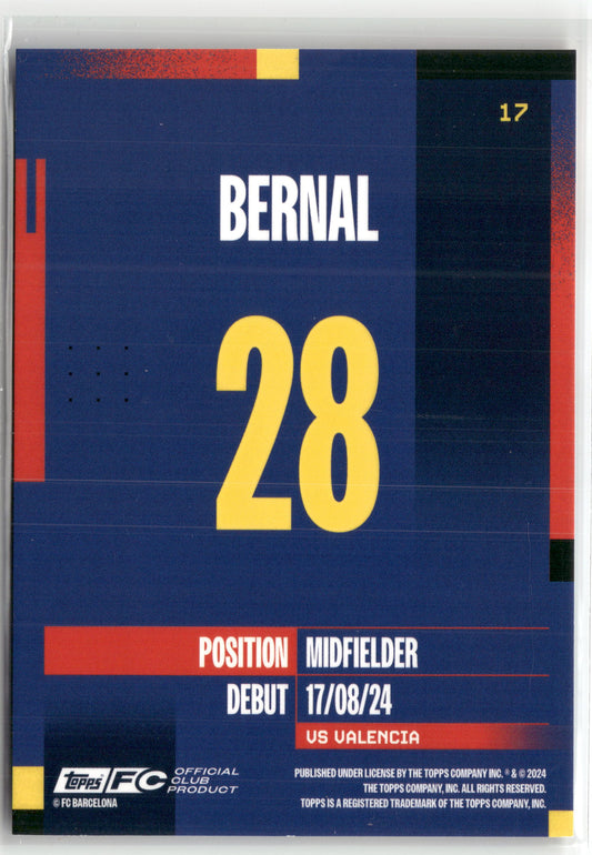Fußball Bernal 2024-25 Topps FC Barcelona Official Club Product #17 Blue /250 FC Barcelona Rookie Card RC Trading Card Original