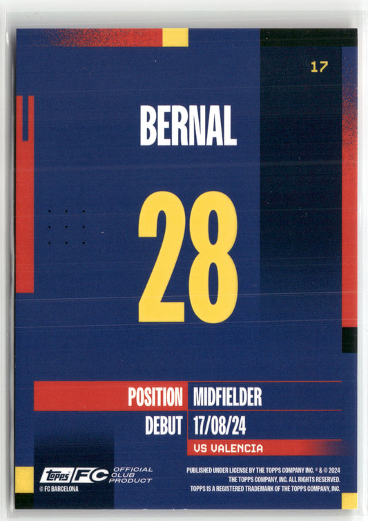 Fußball Bernal 2024-25 Topps FC Barcelona Official Club Product #17 Blue /250 FC Barcelona Rookie Card RC Trading Card Original