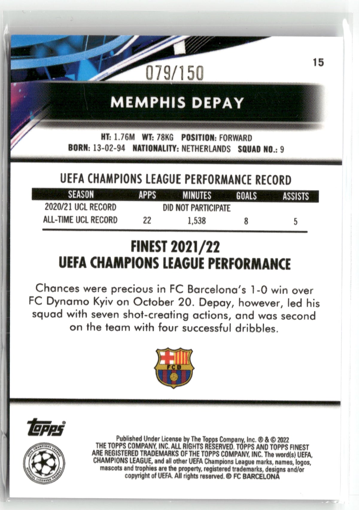 Fußball Memphis Depay 2021-22 Topps Finest UEFA Champions League #15 True Blue /150 FC Barcelona Trading Card Original