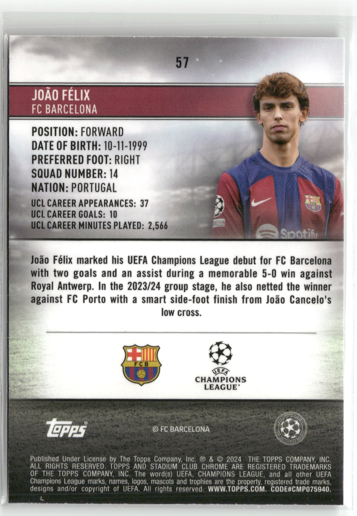 Fußball João Félix 2024 Topps Stadium Club Chrome UEFA Champions League #57 /199 FC Barcelona Trading Card Original