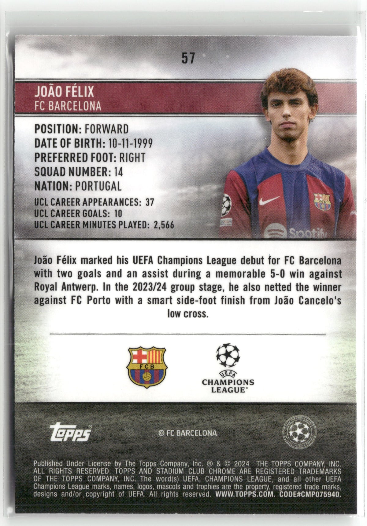 Fußball João Félix 2023-24 Topps Stadium Club Chrome UEFA Champions League #57 Hyper Prism /299 FC Barcelona Trading Card Original