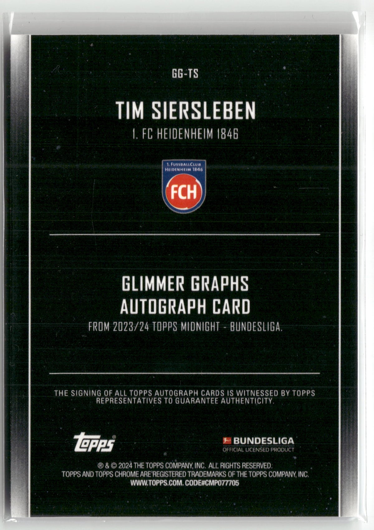 Fußball Tim Siersleben 2023-24 Topps Midnight Bundesliga #GG-TS Rookie Auto 1. FC Heidenheim 1846 Rookie Card RC Trading Card Original