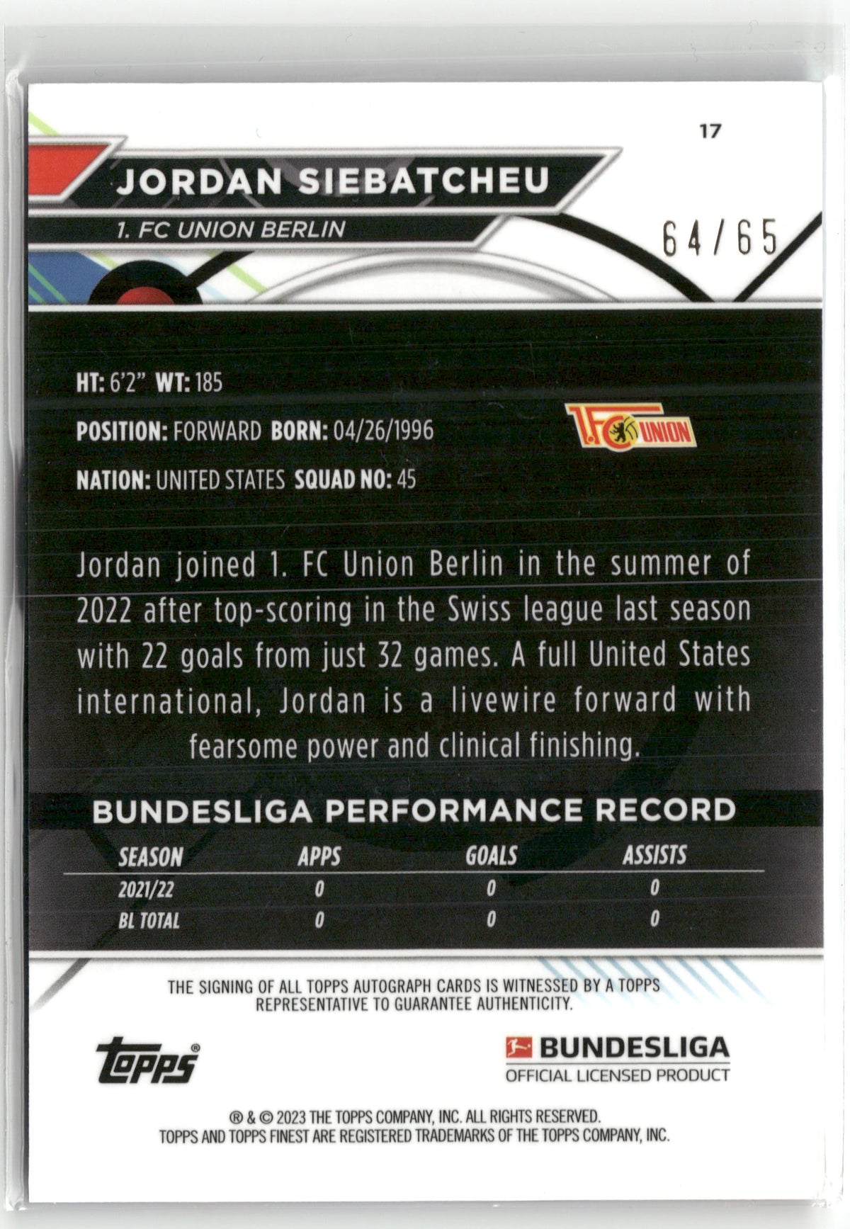 Fußball Jordan Siebatcheu 2022-23 Topps Finest Bundesliga #17 True Blue Auto /65 1. FC Union Berlin Trading Card Original
