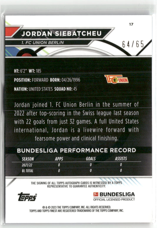 Fußball Jordan Siebatcheu 2022-23 Topps Finest Bundesliga #17 True Blue Auto /65 1. FC Union Berlin Trading Card Original