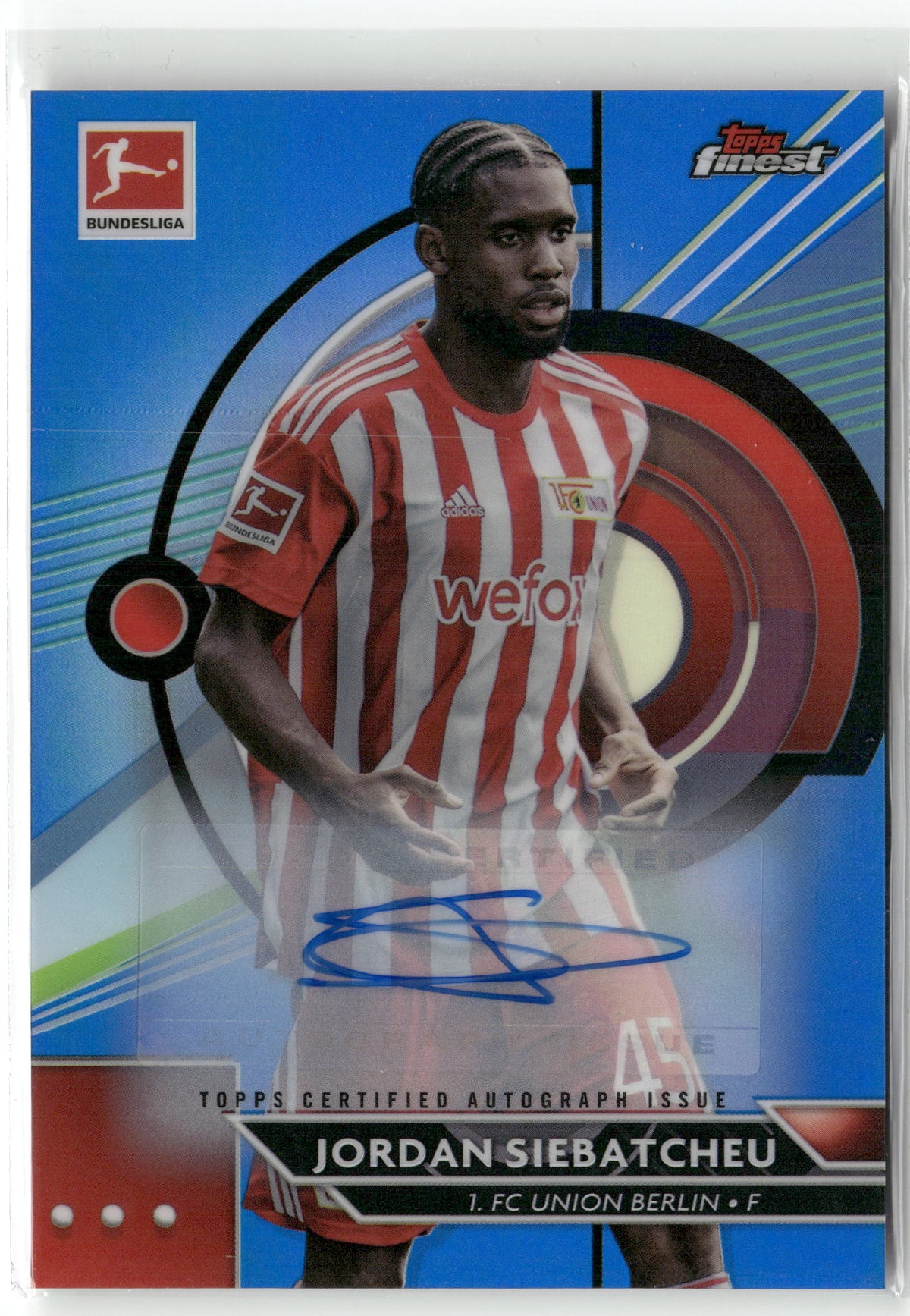 Fußball Jordan Siebatcheu 2022-23 Topps Finest Bundesliga #17 True Blue Auto /65 1. FC Union Berlin Trading Card Original