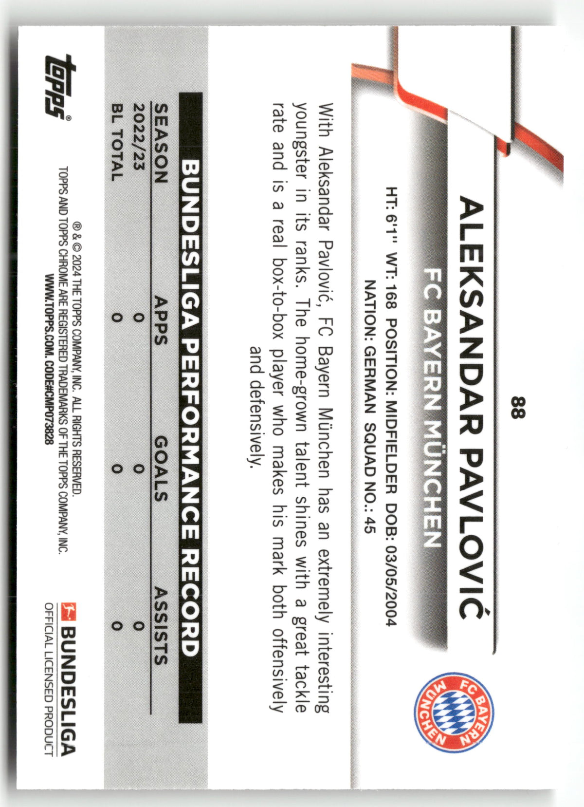 Fußball Aleksandar Pavlović Topps Chrome Bundesliga 2023-24 #88 FC Bayern München Rookie Card RC Trading Card Original
