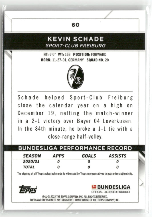Fußball Kevin Schade 2021-22 Topps Finest Bundesliga #60 Rookie Auto Sport-Club Freiburg Rookie Card RC Trading Card Original