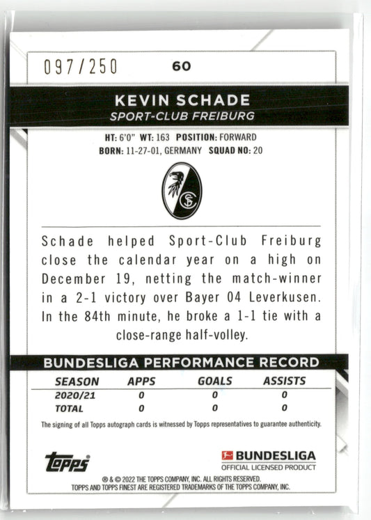 Fußball Kevin Schade 2021-22 Topps Finest Bundesliga #60 Black Rookie Auto /250 Sport-Club Freiburg Rookie Card RC Trading Card Original