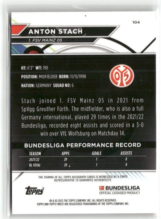 Fußball Anton Stach Topps Finest Bundesliga 2022-23 #104 Base Auto 1. FSV Mainz 05 Trading Card Original