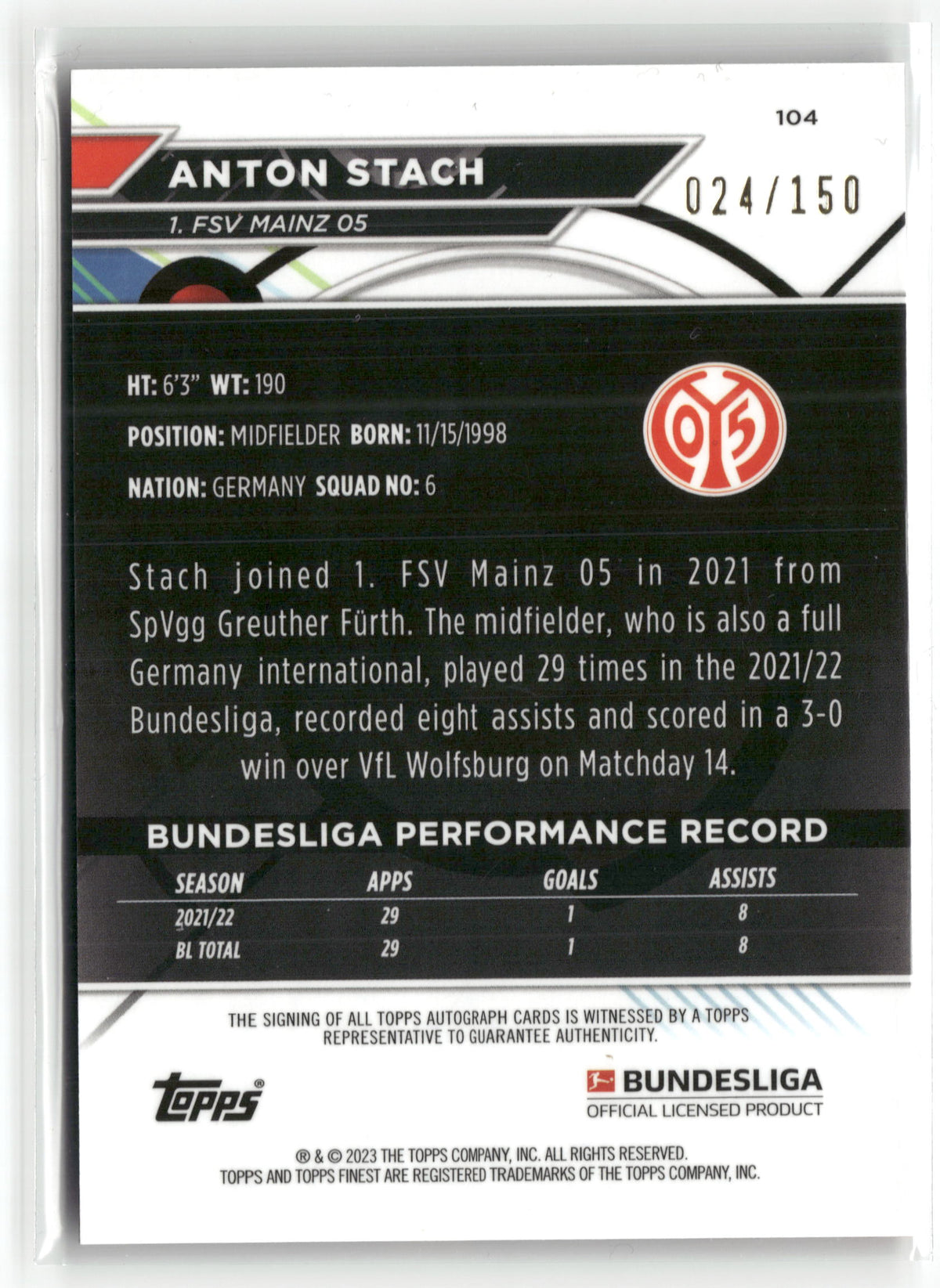 Fußball Anton Stach 2022-23 Topps Finest Bundesliga #104 Black Auto /150 1. FSV Mainz 05 Trading Card Original