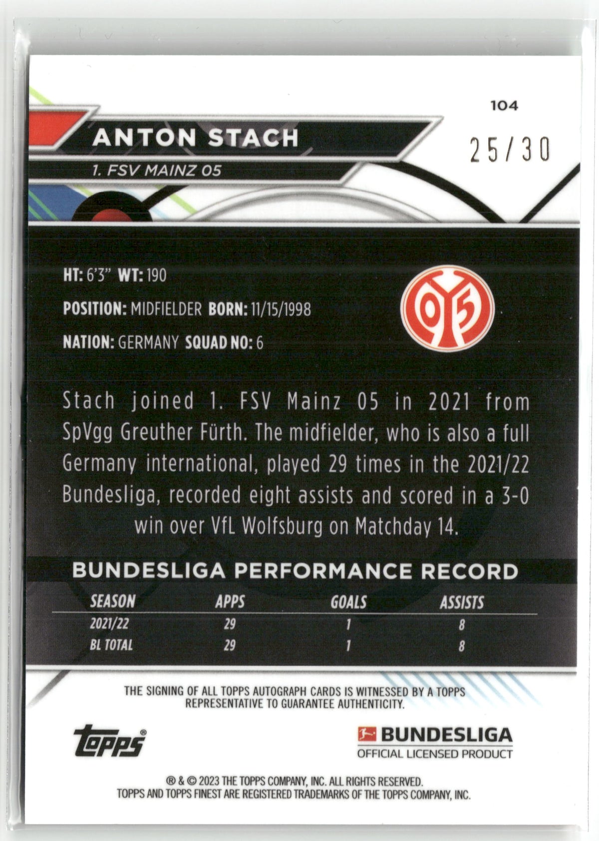 Fußball Anton Stach Topps Finest Bundesliga 2022-23 #104 Green Wave Auto /30 1. FSV Mainz 05 Trading Card Original
