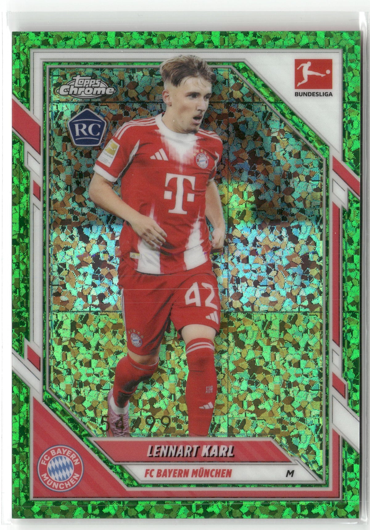 Fußball Lennart Karl Topps Chrome Bundesliga 2025-26 #82 Green Mini Diamond Rookie /99 FC Bayern München Rookie Card RC Trading Card Original