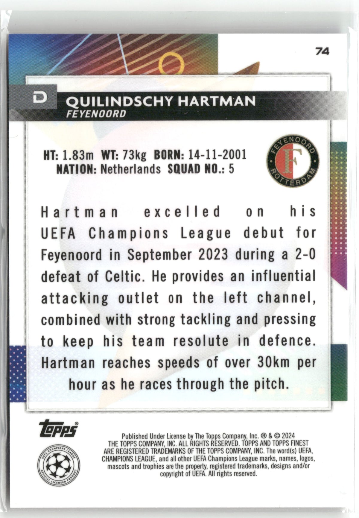 Fußball Quilindschy Hartman 2023-24 Topps Finest UEFA Champions League #74 Gold Mini Diamonds /50 Feyenoord Rookie Card RC Trading Card Original
