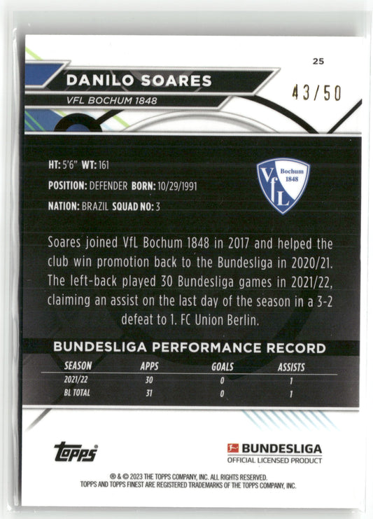 Fußball Danilo Soares Topps Finest Bundesliga 2022-23 #25 True Gold 43/50 VFL Bochum 1848 Trading Card Original