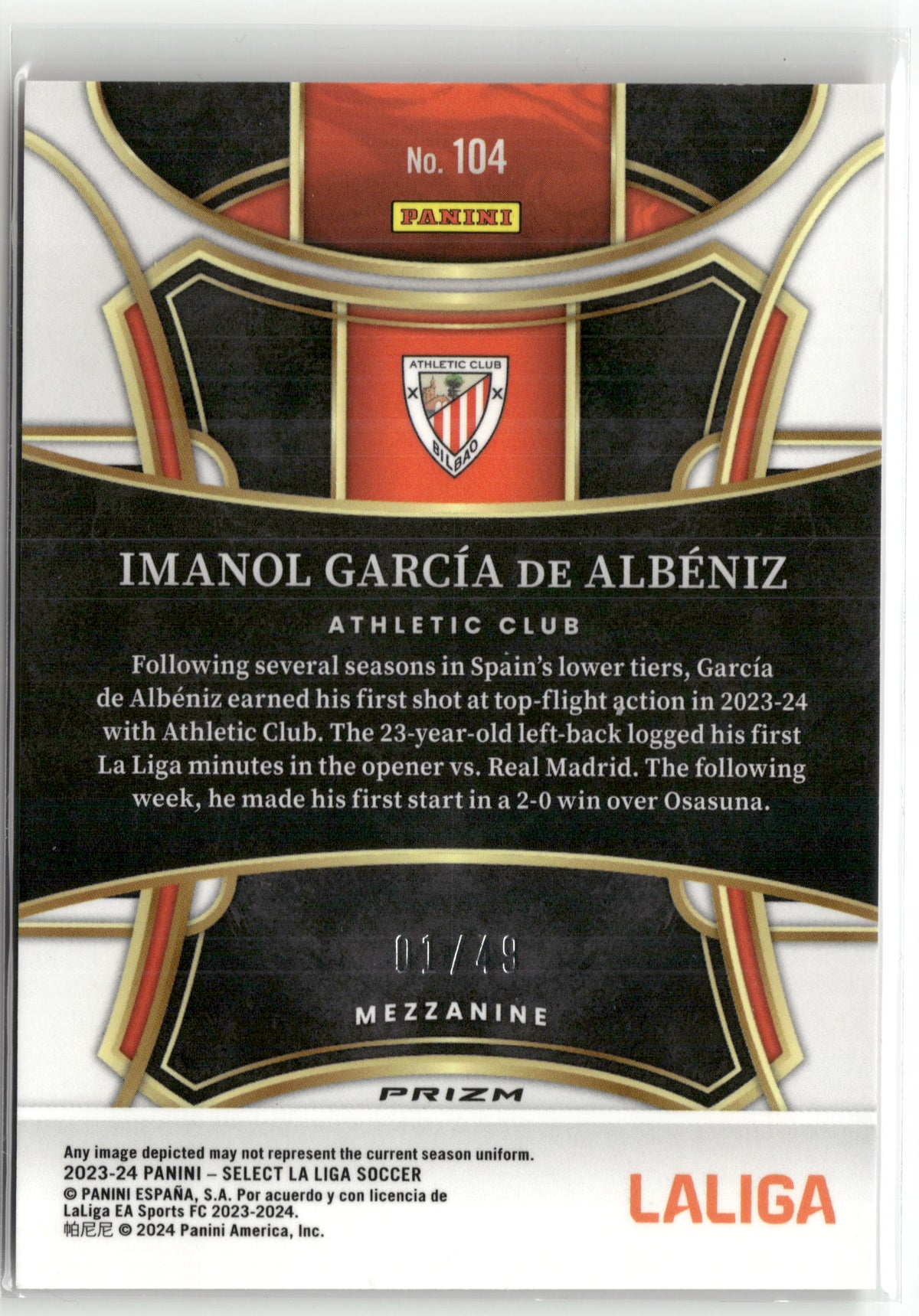 Fußball Imanol García de Albéniz 2023-24 Panini Select La Liga Soccer #104 Mezzanine Orange Prizm /50 Athletic Club Rookie Card RC Trading Card Original