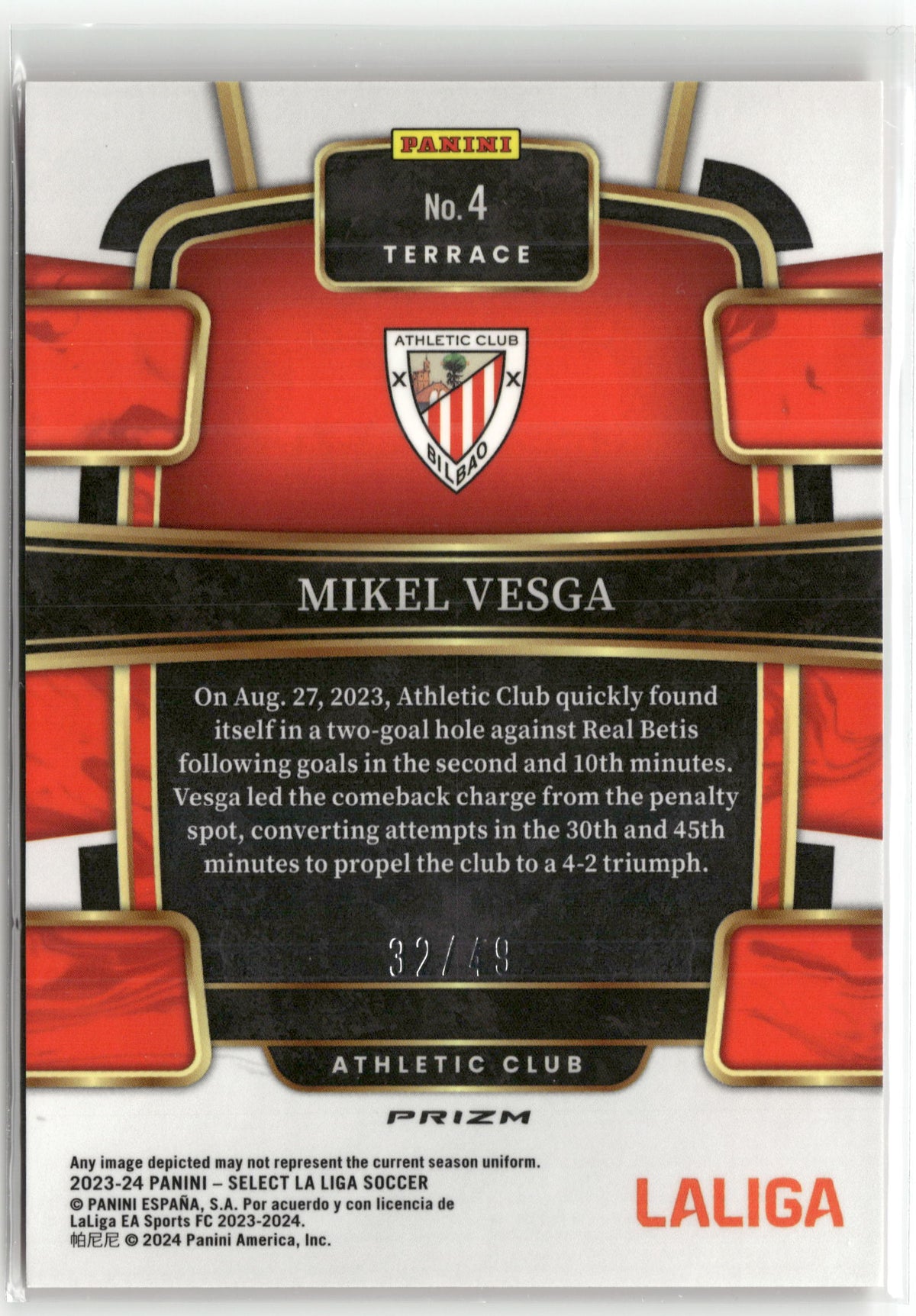 Fußball Mikel Vesga 2023-24 Panini Select La Liga Soccer #4 True Orange Prizm /49 Athletic Club Trading Card Original