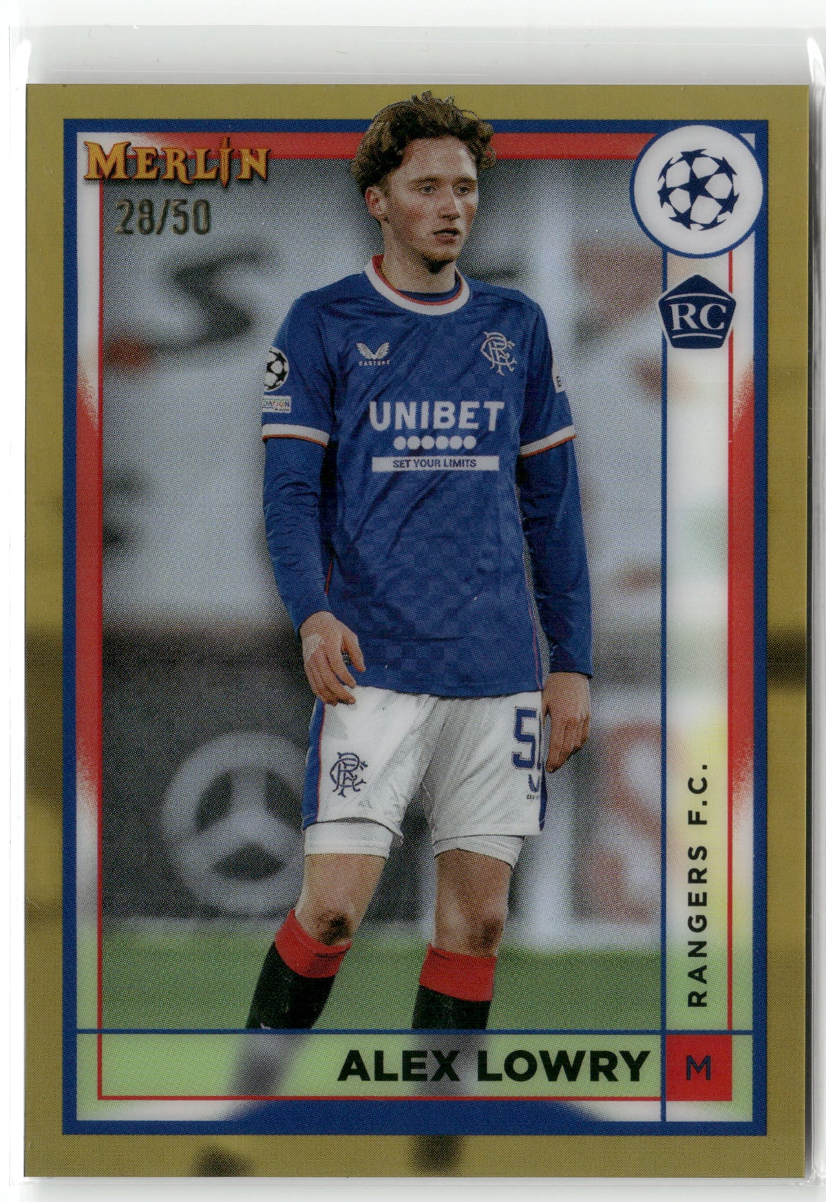 Fußball Alex Lowry 2022-23 Topps Merlin Champions League #149 True Gold /50 Rangers F.C. Rookie Card RC Trading Card Original