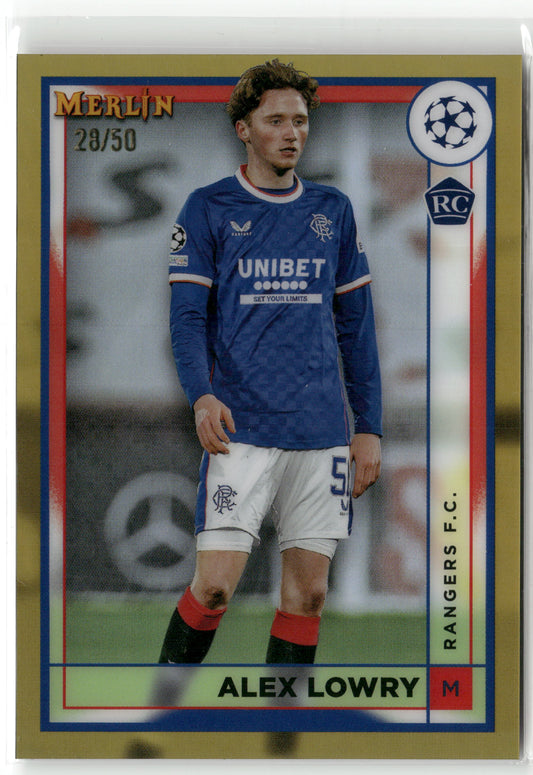 Fußball Alex Lowry 2022-23 Topps Merlin Champions League #149 True Gold /50 Rangers F.C. Rookie Card RC Trading Card Original