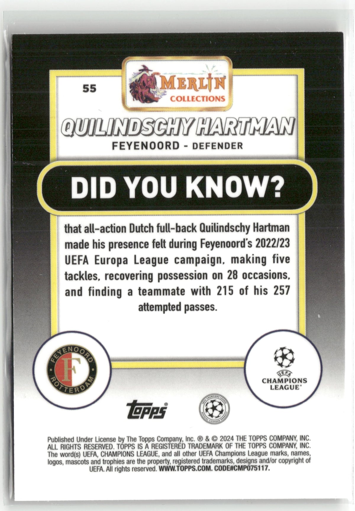 Fußball Quilindschy Hartman Topps Merlin UEFA Champions League 2024 #55 Gold 15/50 Feyenoord Rotterdam Rookie Card RC Trading Card Original